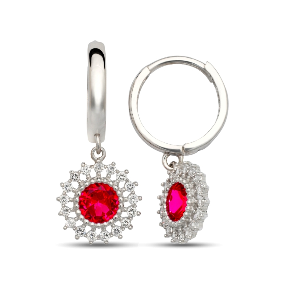 Ruby With Diamond Dangle Earrings In 14K White Gold